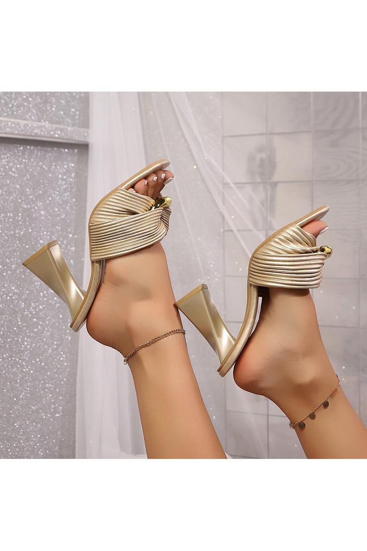 Scarpe con tacco grosso casual, punta quadrata, cinturino intrecciato con decorazione ad anello in metallo