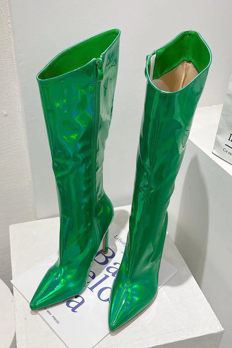 Bout pointu Fermeture éclair latérale Couleur unie Talon aiguille Bottes hautes