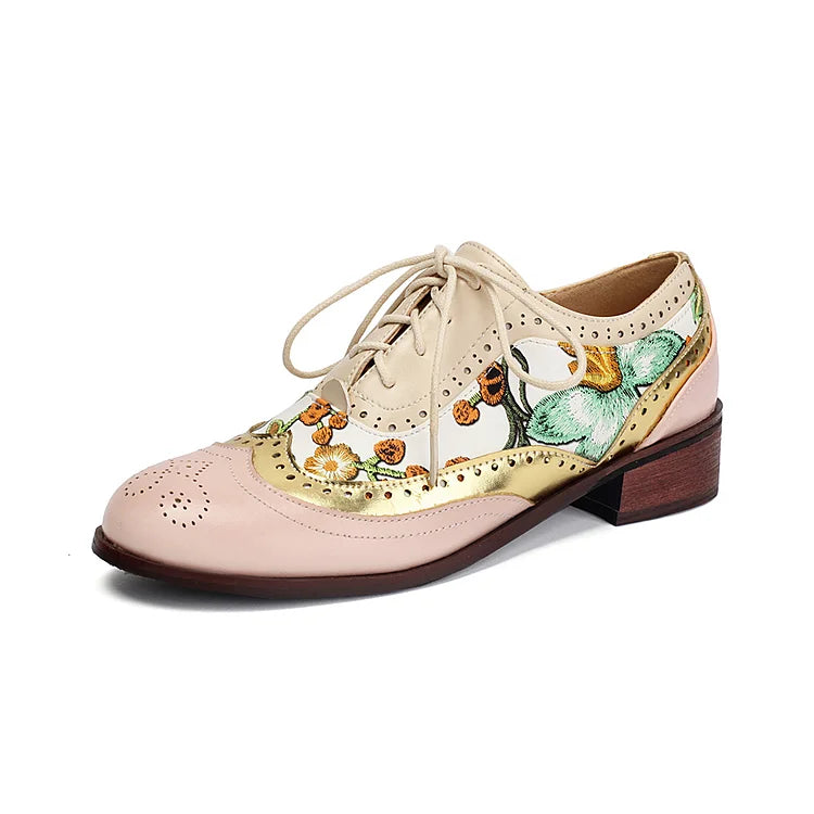 Floral Print Colorblock Patchwork Rundspitze Schnür-Brogue Oxfords