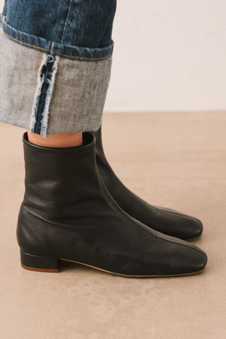 Classic Black Leather Square Toe Ankle Boots