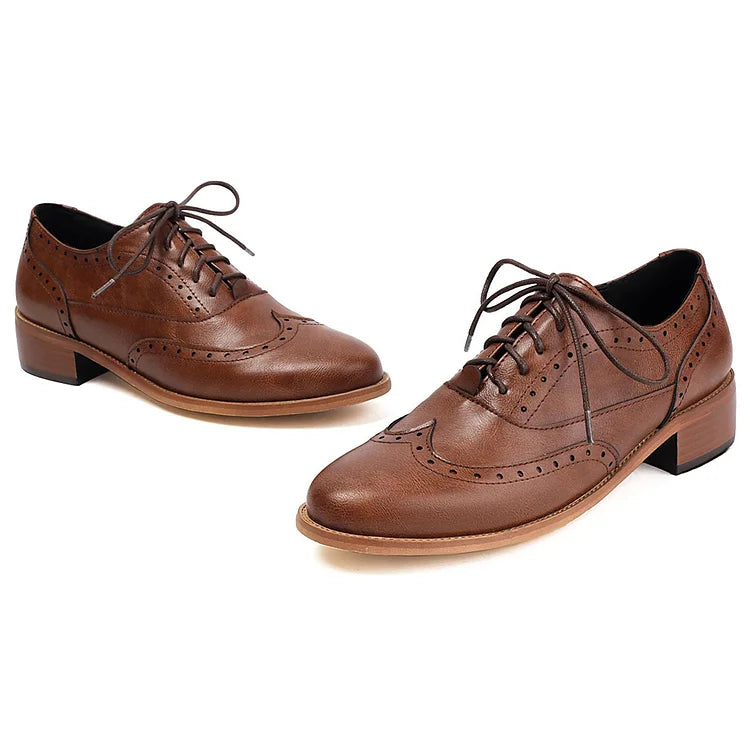 Patchwork Solid Color Round Toe Low Block Heel Lace Up Brogue Oxfords