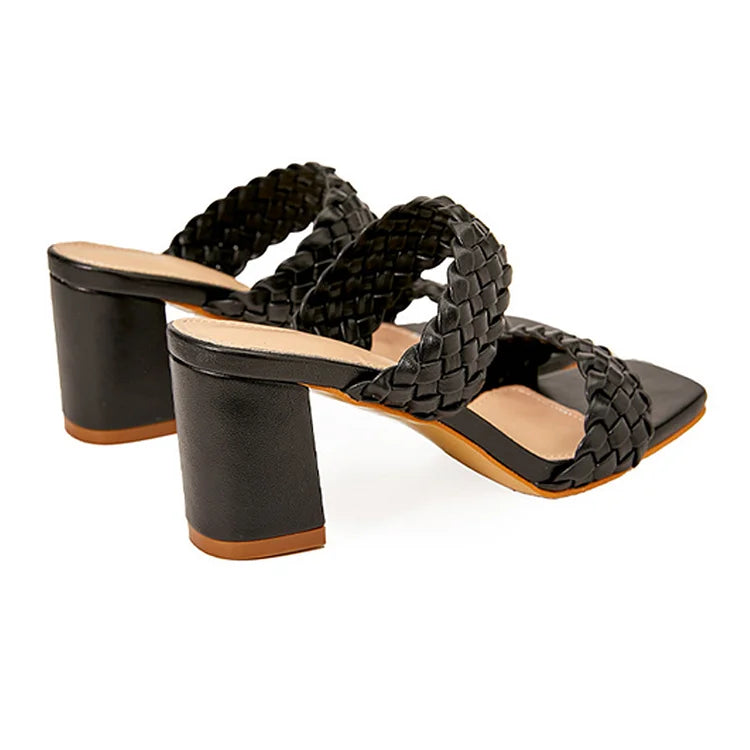 Woven Solid Color Square Toe Casual Sandals Chunky Heels