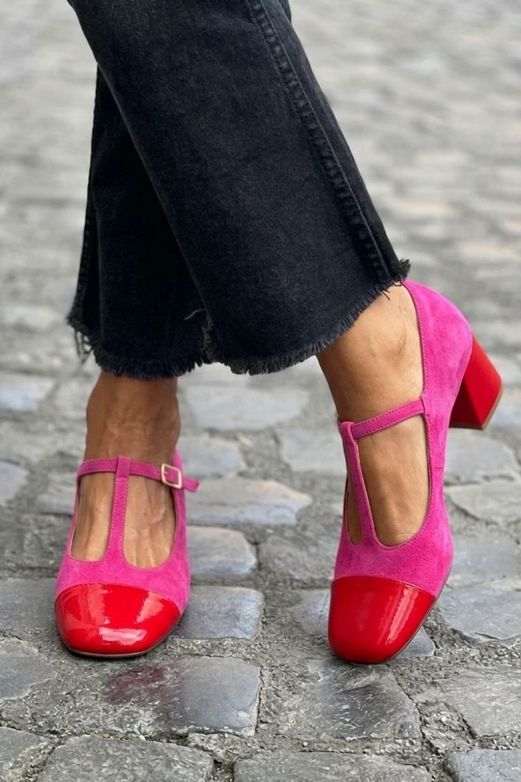 Colorblock T-Strap Buckle Round Toe Purple Chunky Heels
