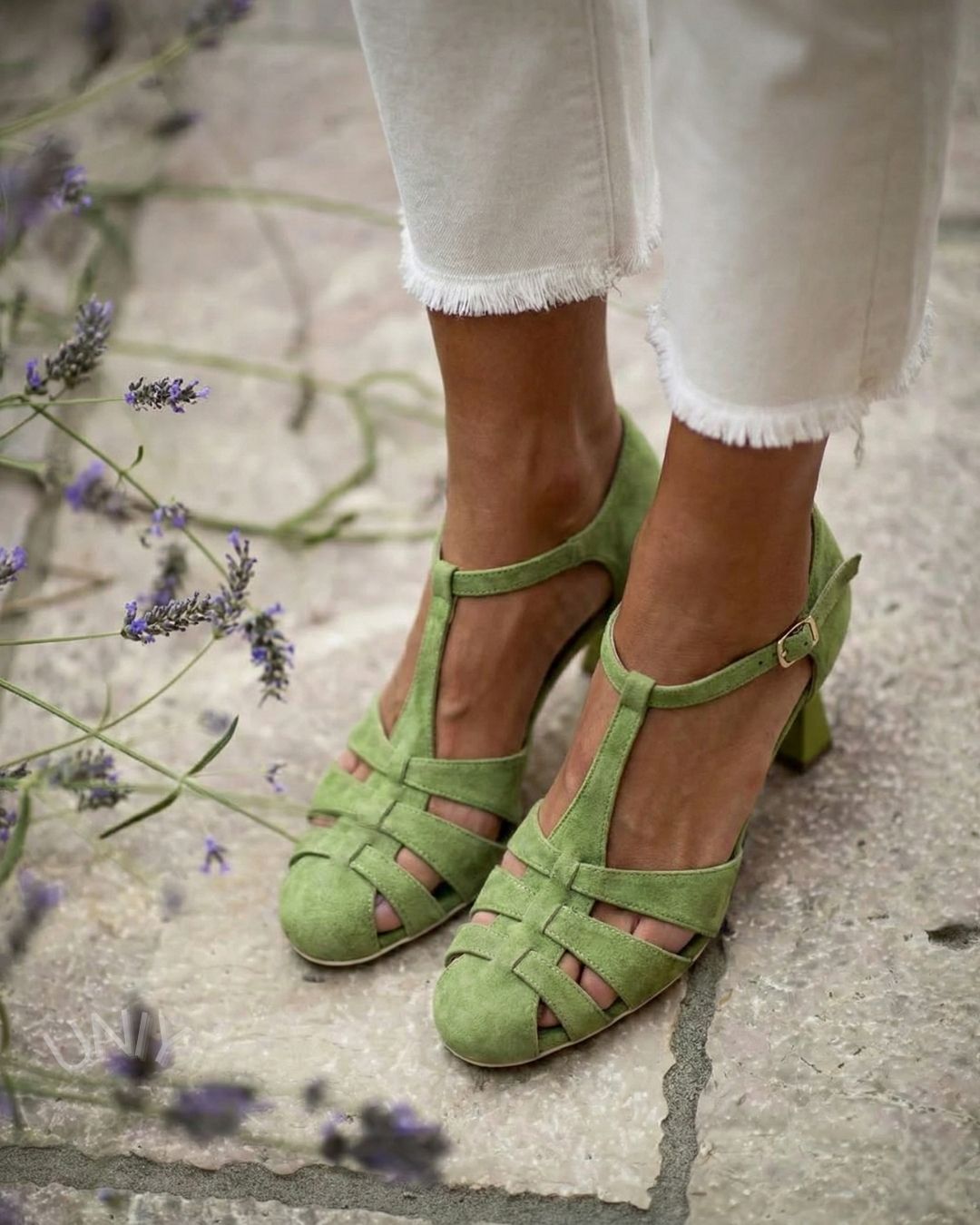 Green Faux Suede T-Strap Caged Block Heel Sandals