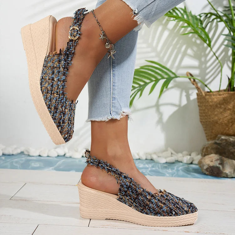 Raw Trim Pointed Toe Slingback Strap Buckle Wedge Sandals