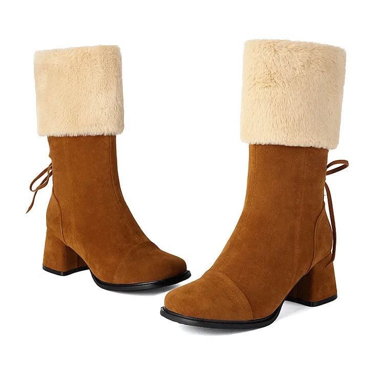 Natal Colorblock Fluffy Trim Lace Up Square Toe Chunky Heel Mid Boots
