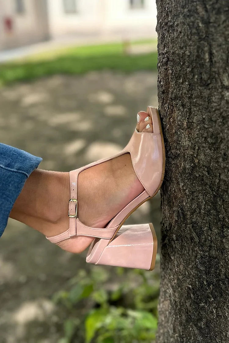 Peep Toe Plain T-Strap con fibbia Slingback Tacchi grossi color kaki