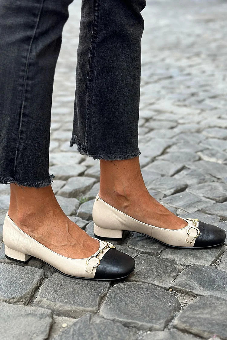 Farbblock Schnallen Dekor Quadrat Zehen Beige Niedrige Absätze