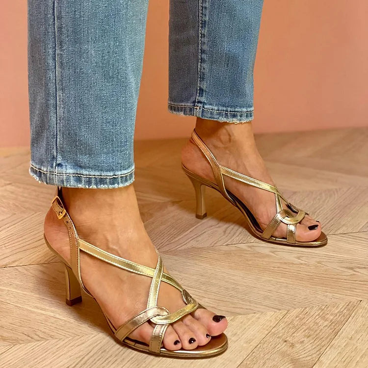 Bequeme glänzende PU-Leder Häkel Kreuz Riemchen Peeptoe Stiletto Absätze