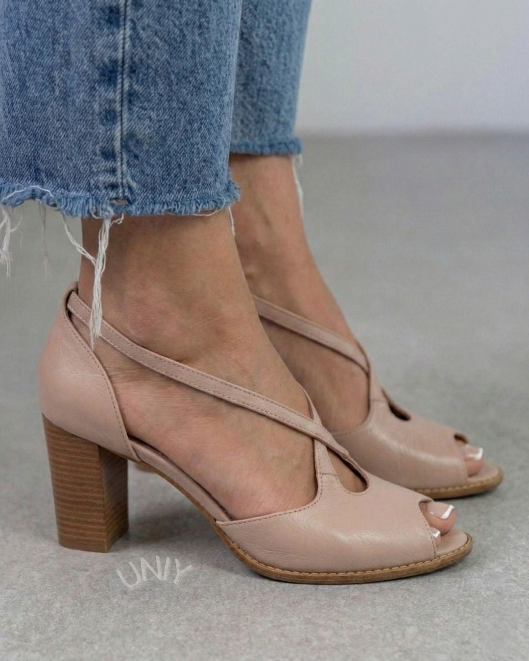 Blush Pink Cross Strap Open Toe Elegant Block Heel Sandals