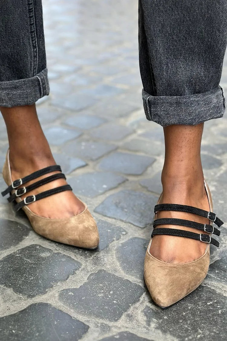 Multi Straps Buckles Pointed Toe Khaki Low Heels