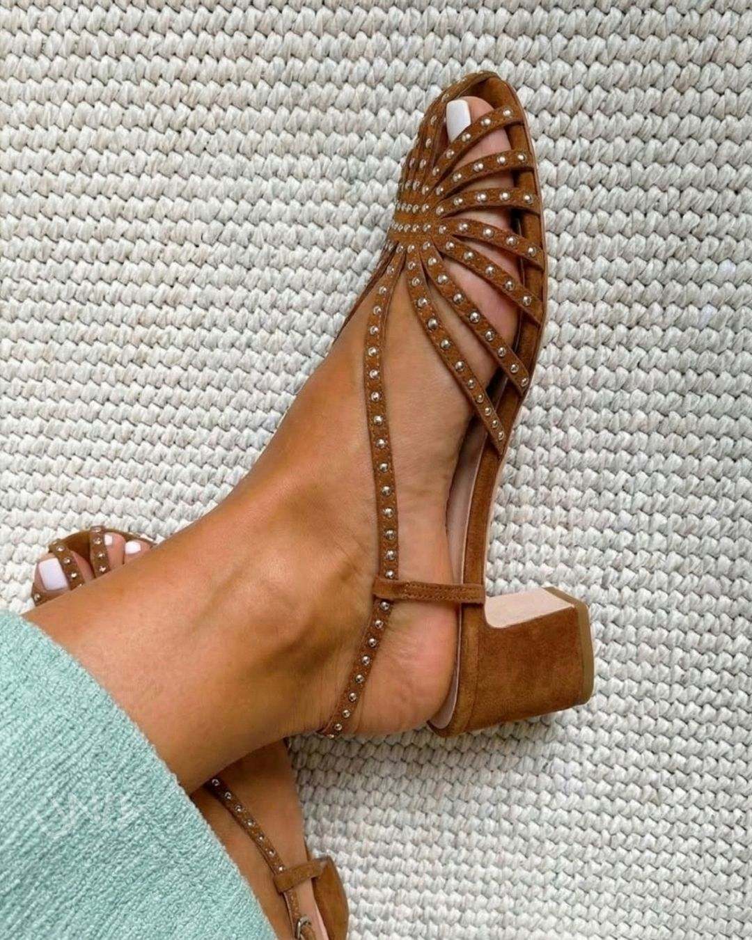 Studded Strappy Slingback Block Heel Summer Sandals
