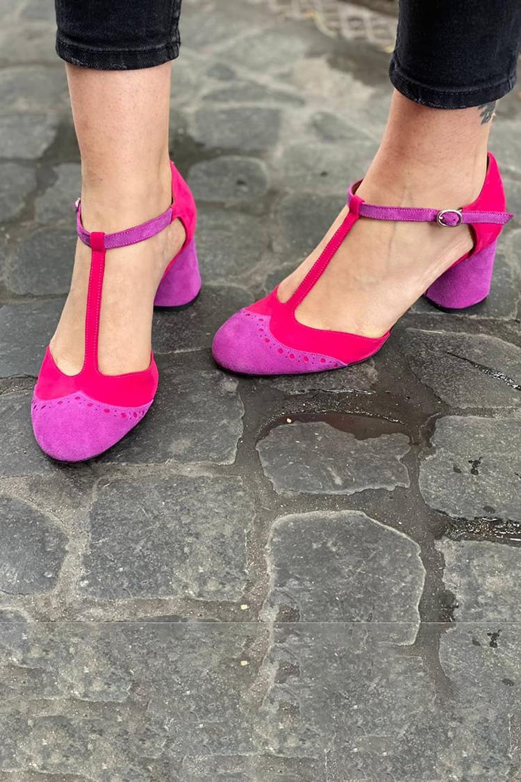 Colorblock Irregular Ankle Straps Buckle Chunky Heels