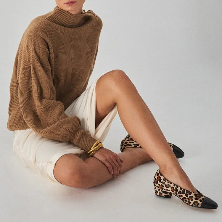 Leopard Print Patchwork Pointed Toe Beige Low Heels