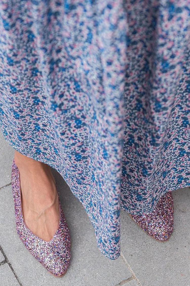 Błyszczące brokatowe baleriny z cekinami, szpiczasty nosek, niskie, wsuwane, fioletowe