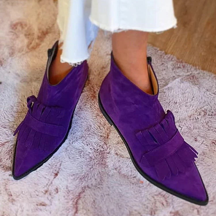Faux Suede Tassels Trim Zipper Pointy Toe Purple Flat Boots