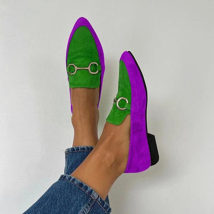 Kolorowe wsuwane baleriny z klamrą, spiczasty nosek, metaliczne