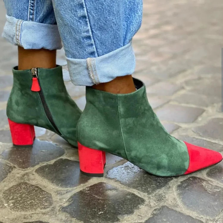Grüne Stiefel mit spitzem Zehenbereich, Colorblock-Reißverschluss und klobigem Absatz