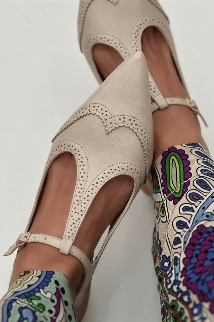 Patchwork Pointed Toe T-Strap Buckle Brown Kitten Heels