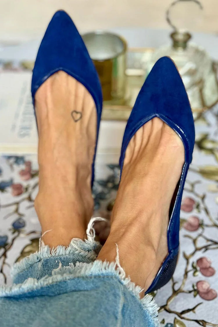 Eleganckie granatowe baleriny wężowy wzór patchwork z ostrym noskiem