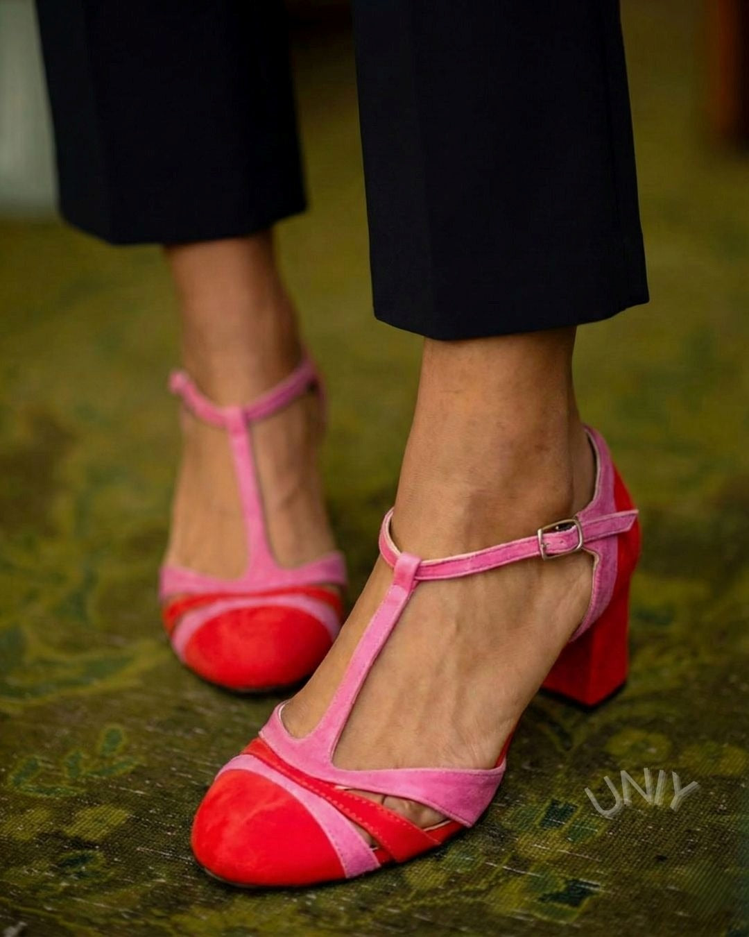 Elegant Colorblock Faux Suede T-Strap Closed Toe Chunky Heels