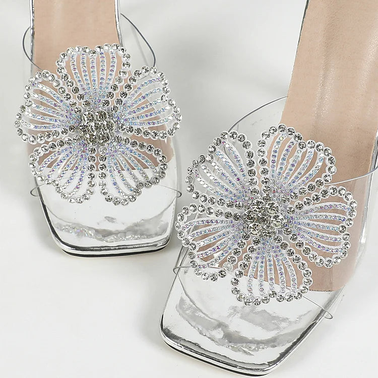 Colorblock Rhinestone Flower Decor Square Toe Sandal Heels
