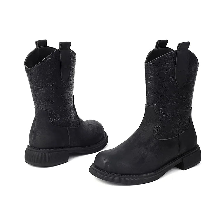 Botas de media caña con tacón de bloque bajo y punta redonda con diseño de patchwork y estampado floral