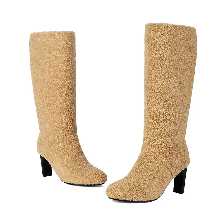 Stivali a metà polpaccio con punta tonda e tacco spesso, tinta unita, in pelliccia sintetica
