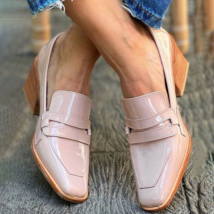 Quadratische Spitze Rosa Leder Lack Chunky Loafer Absätze