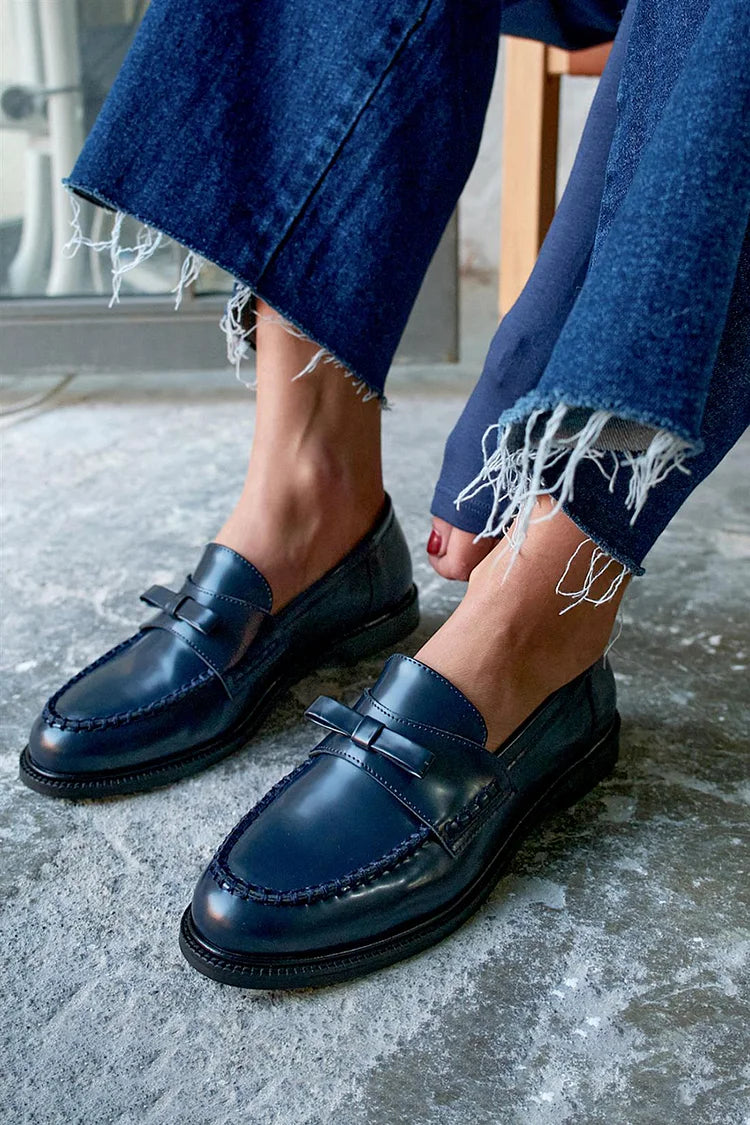 Schleifen-Dekor Patchwork Einfarbig Rundzehen Marineblaue Loafers