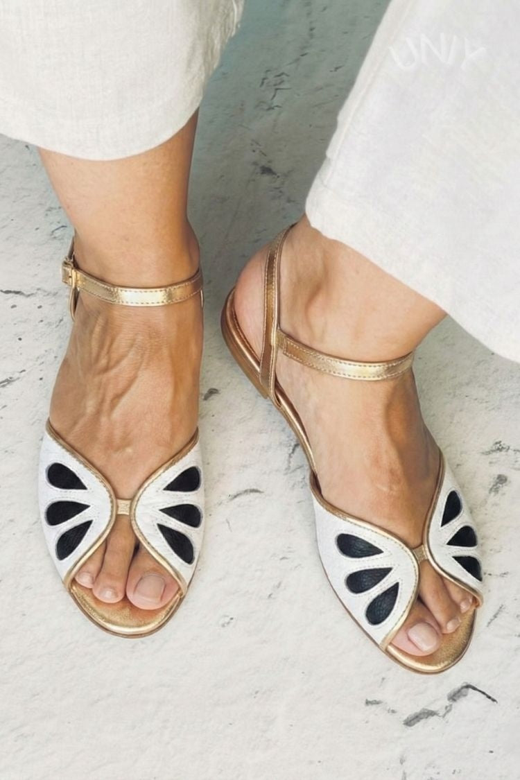 Peep Toe Colorblock Round Toe Ankle Strap Flat Elegant Sandals