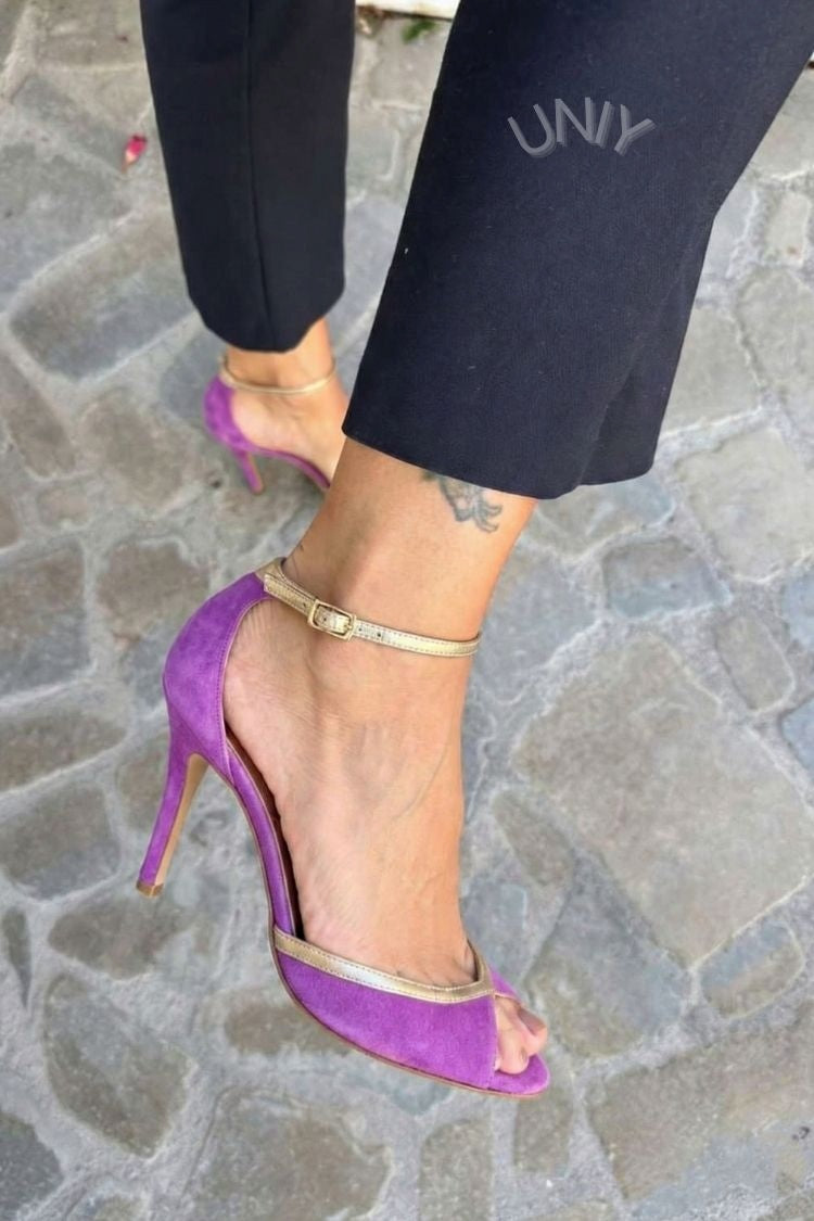 Purple Faux Suede Open Toe Ankle Strap Stiletto Heels