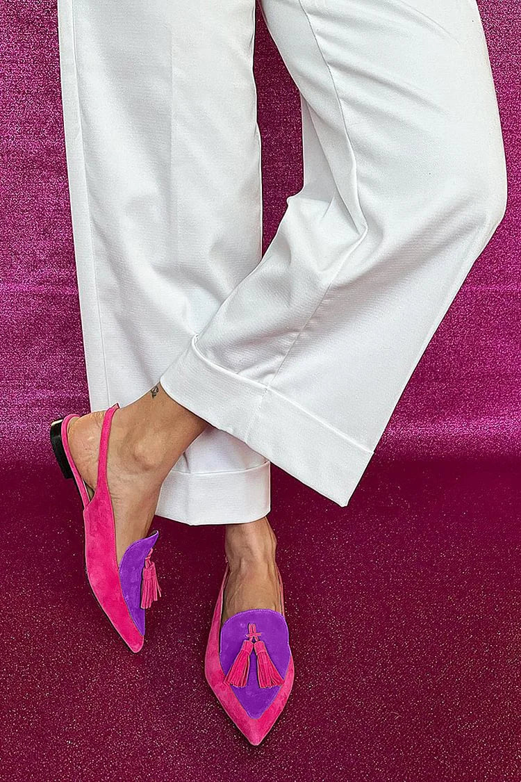 Ballerines pointues à brides de cheville avec pompons bicolores charmants