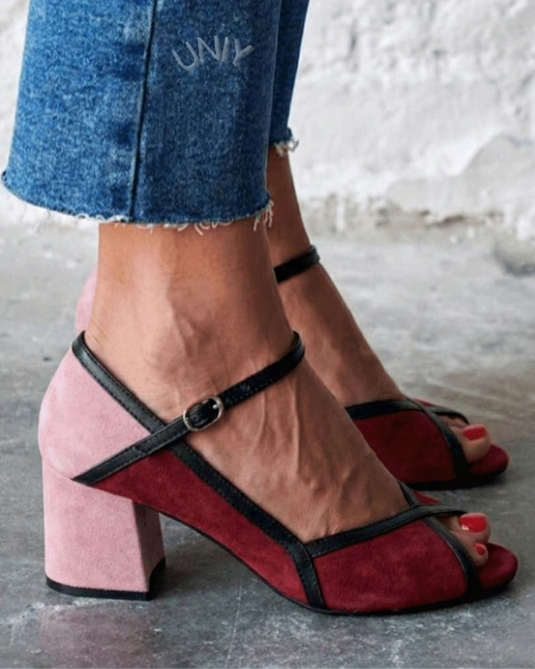 Retro bordeaux pink ruskind peep toe ankelrem blokhæl