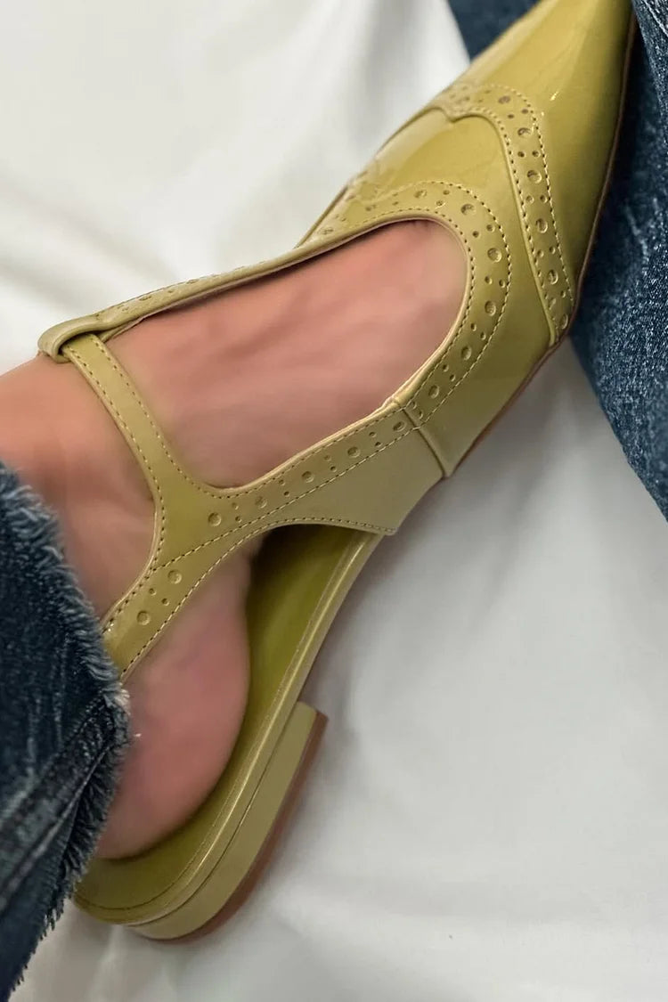 Patchwork Spitz zulaufende Zehen T-Riemen Schnallen Slingback grüne Ballerinas