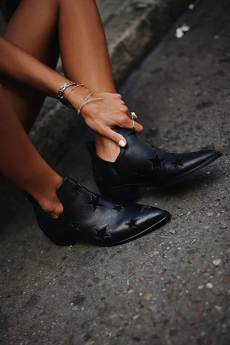 Pointed Toe Star Pattern Black Ankle Boots