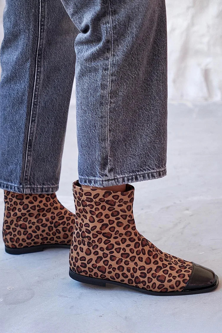 Patchwork Leopardenmuster Quadratische Zehe Braune Knöchelstiefel