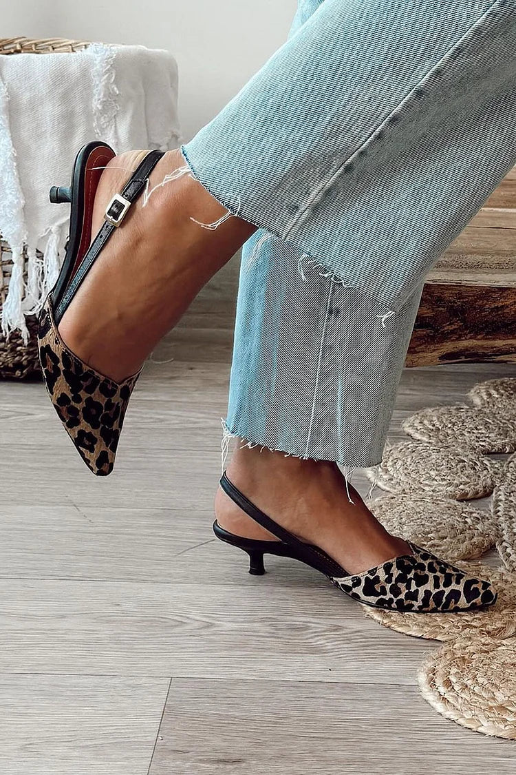 Charming Leopard Print Pointy Toe Slingback Strap Black Kitten Heels