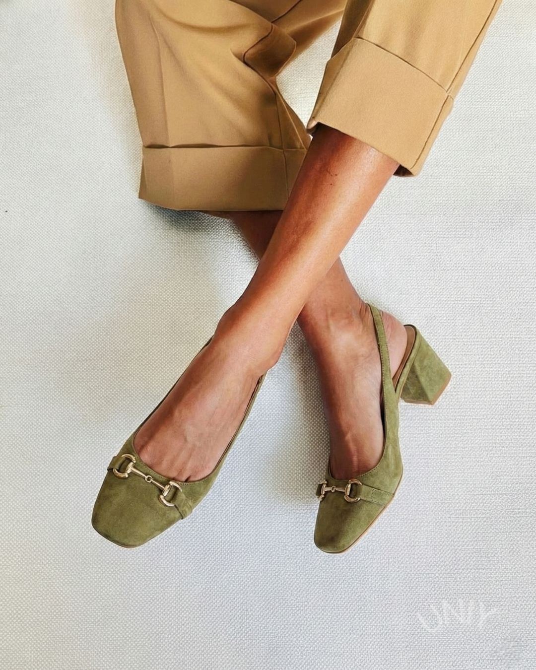 Firkantet Tå Olivengrøn Hestebid Detalje Slingback Blok Hæle