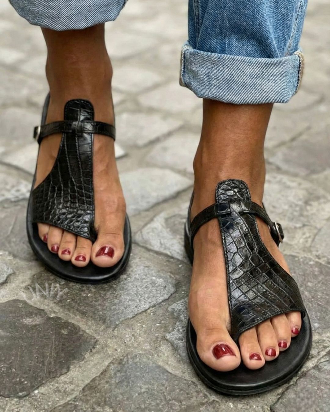 Black Croc Embossed Leather T-Strap Flat Ankle Strap Sandals