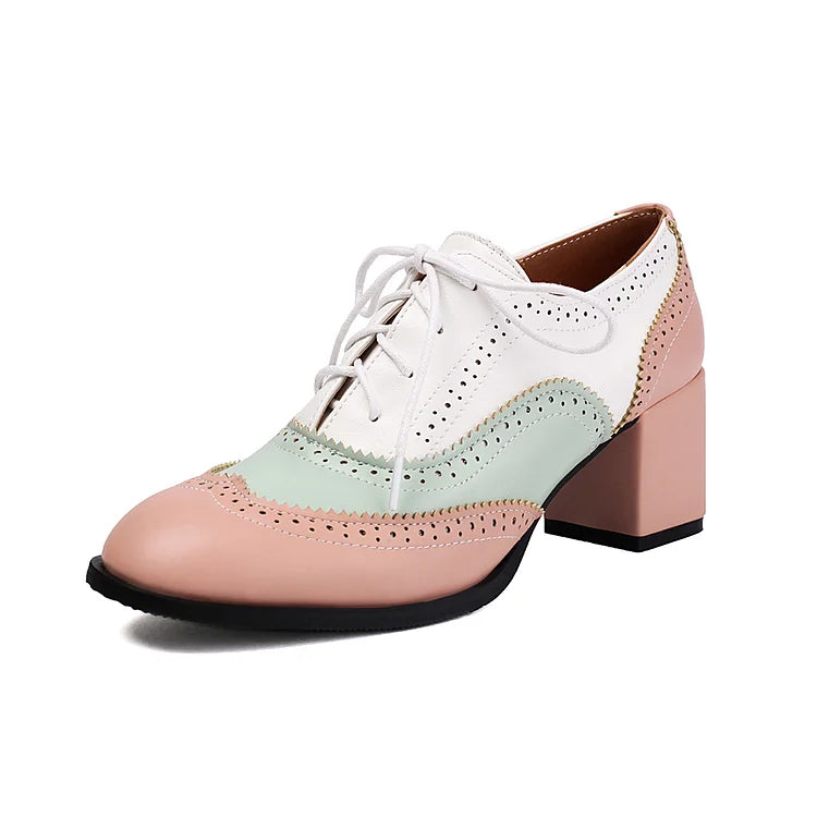 Color Block Round Toe Patchwork Lace Up Chunky Heel Brogue Oxfords