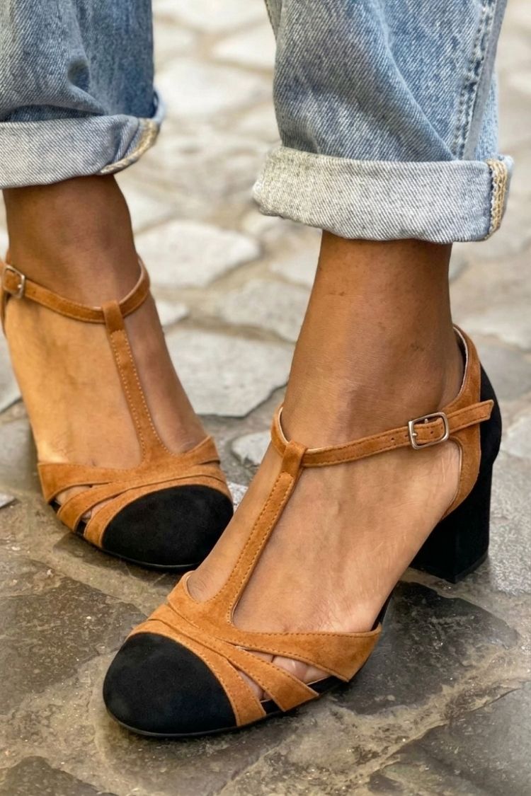 Colorblock Hollow Out T-Strap Buckle Fuchsia Chunky Heels