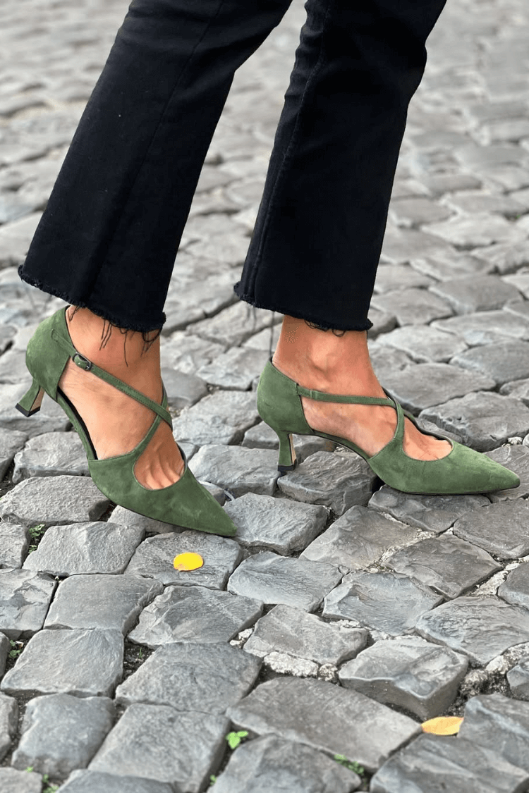 Green Suede Pointed Toe Crisscross Strap Kitten Heels
