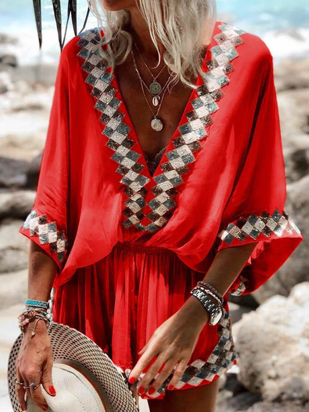 Boho plażowy kombinezon kimono z nadrukiem