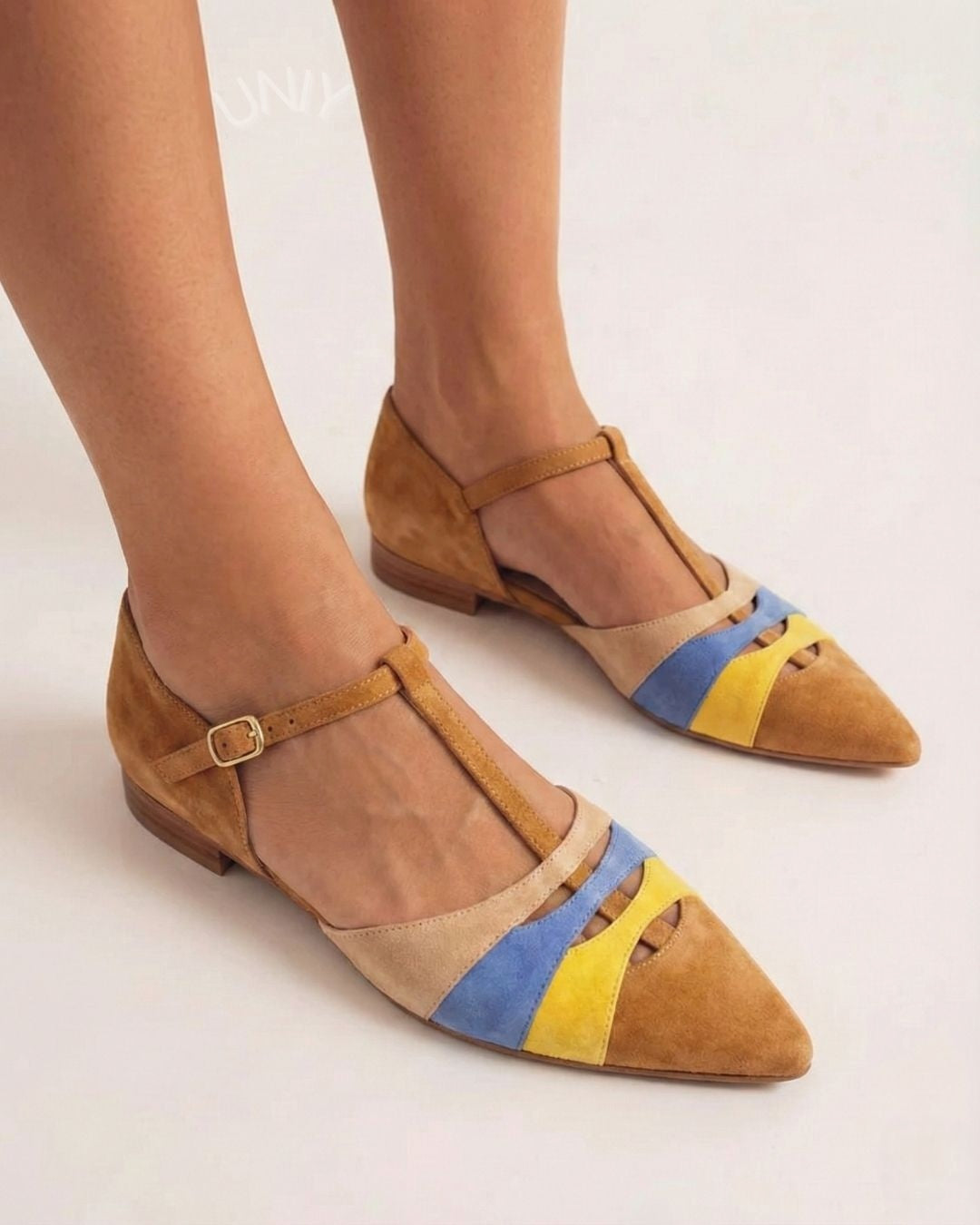 Eleganti ballerine Mary Jane in pelle scamosciata multicolore con punta a punta