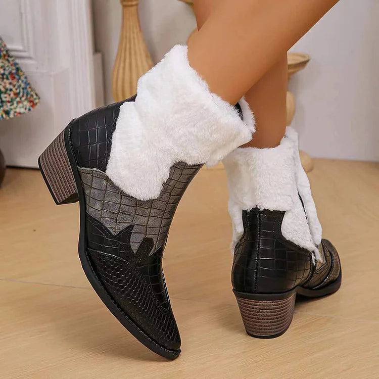 Stivali western con punta affilata, tacco grosso, stampa coccodrillo, patchwork, finiture soffici