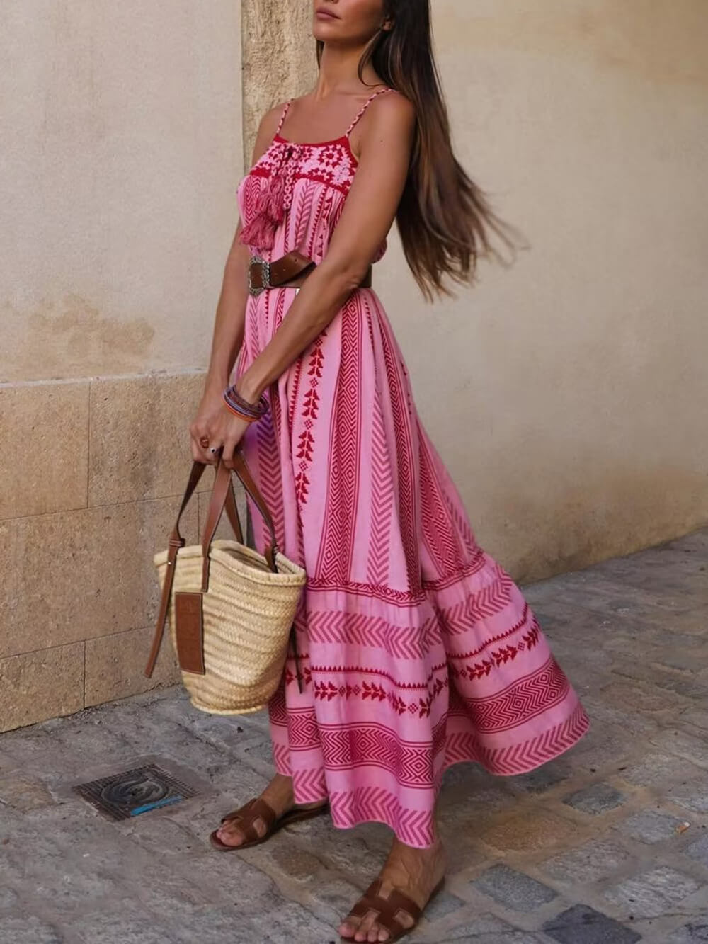 Vestido Maxi de Malha com Patchwork de Croché Estilo Étnico
