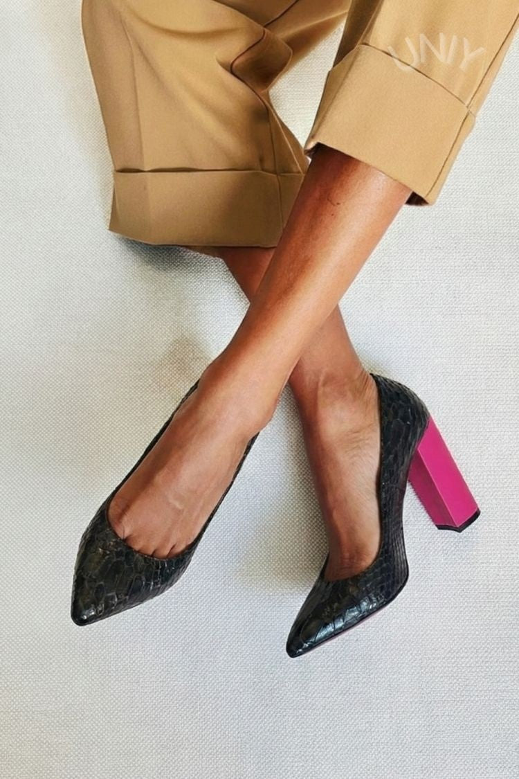 Pumps met puntige neus, gestructureerd bovenwerk en contrasterende chunky hak