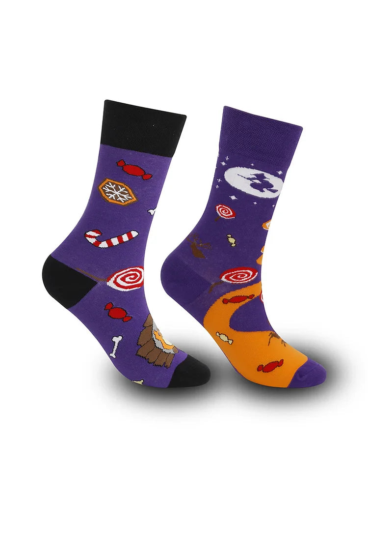 Calzini sofisticati con motivo geometrico multicolore asimmetrico a metà polpaccio, motivo a teschio, per Halloween