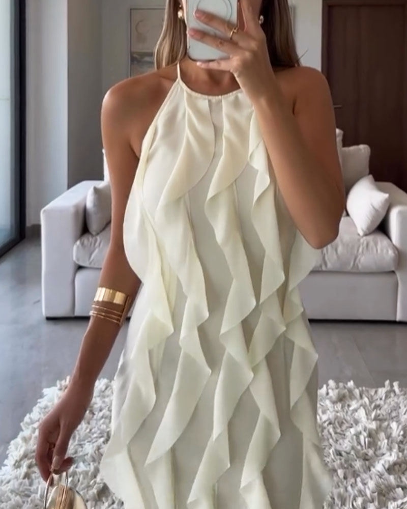 Vestido elegante de chiffon sem mangas com babados